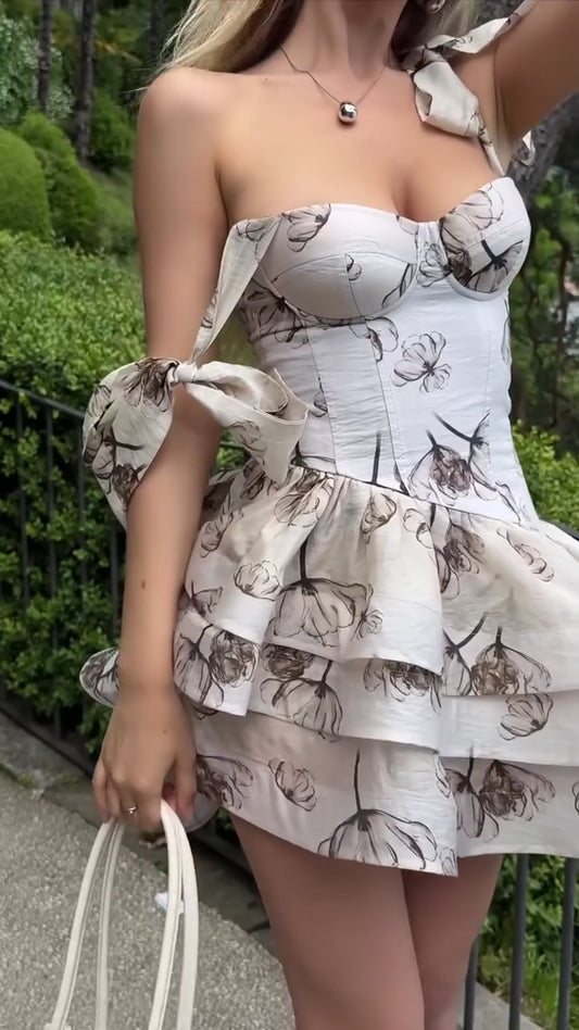 The Doll Dress in beige floral, worn on a model (video)