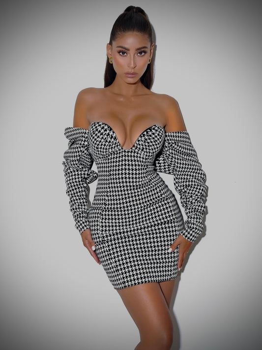 Elegant Houndstooth Puff Dress