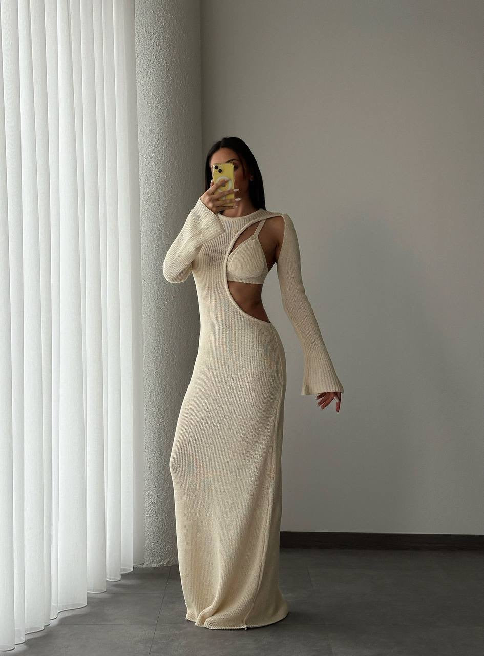 Minimalist Beige Cutout Dress