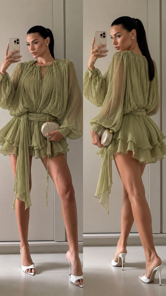 Lightweight Shine: olive green sheer balloon-sleeve mini dress with a tie sash, front and side views – DOUBLE Dubai