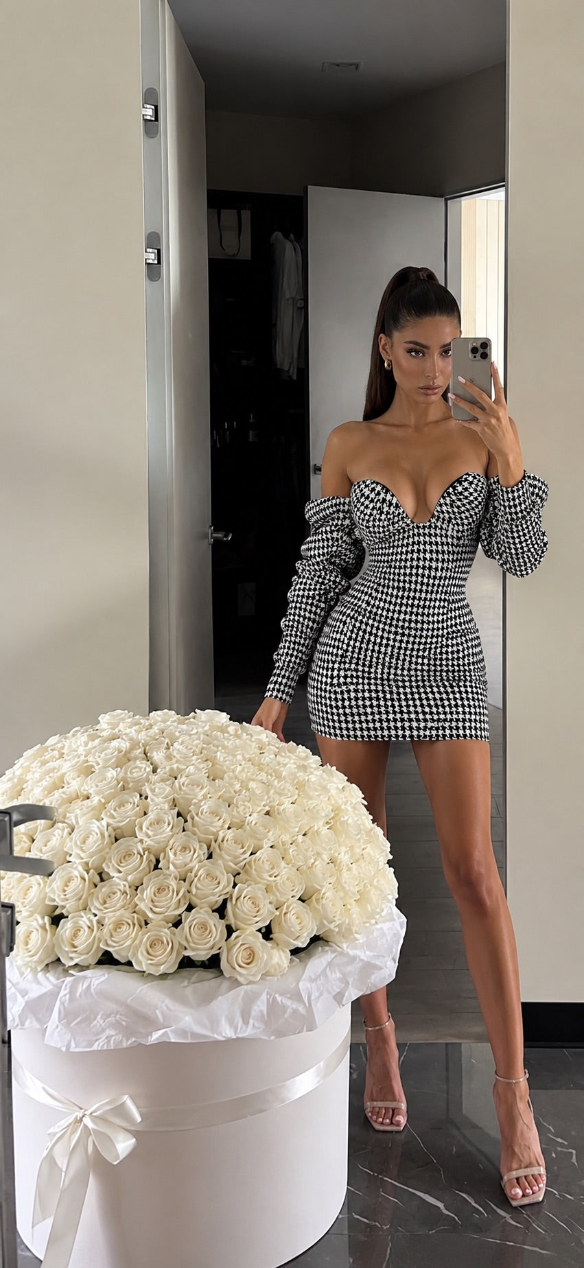 Elegant Houndstooth Puff Dress