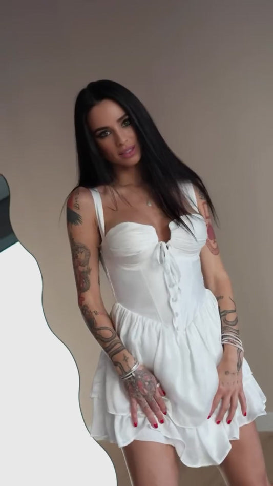 Vibrant Royal Princess Minidress in white, worn on a model (video)
